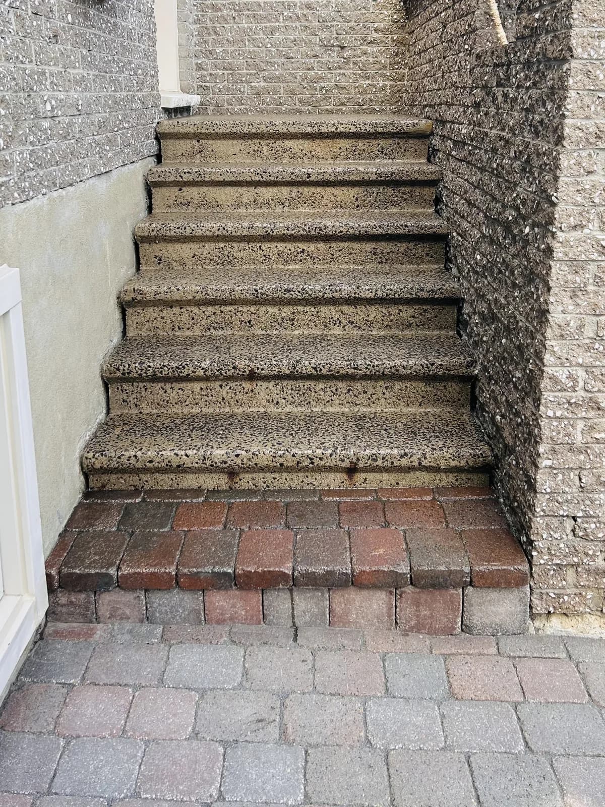 Escalier de béton usé, marches creusées et tachées, vu de face